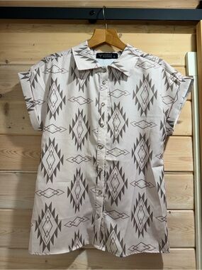 Lucky & Blessed Beige Aztec-Pattern Short Sleeve Button-Up Shirt